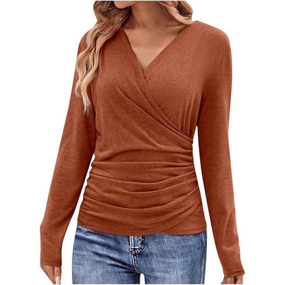 Women's Wrap V-Neck Long Sleeve Ruched Knit Top