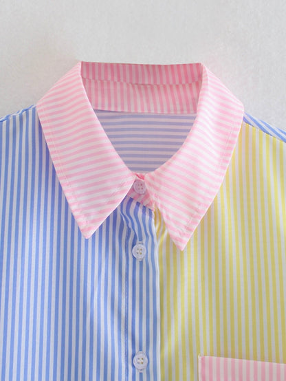 Women's Color Block Striped Oversized Button Down Shirt