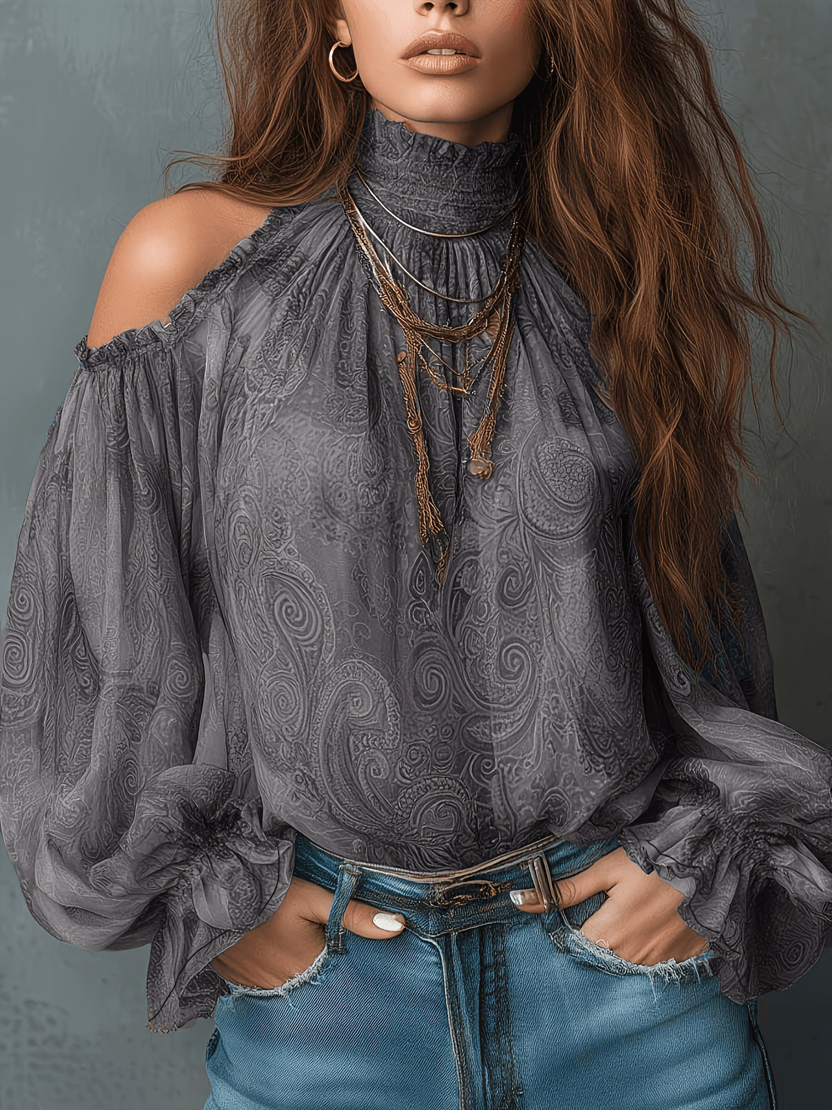 Cold Shoulder Paisley Blouse Balloon Sleeve Smocked Neck