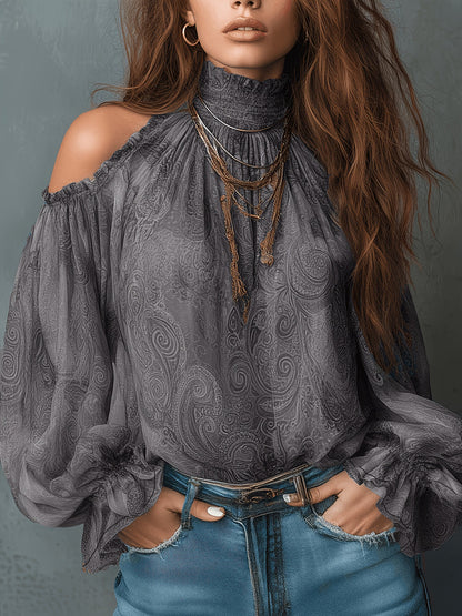 Cold Shoulder Paisley Blouse Balloon Sleeve Smocked Neck