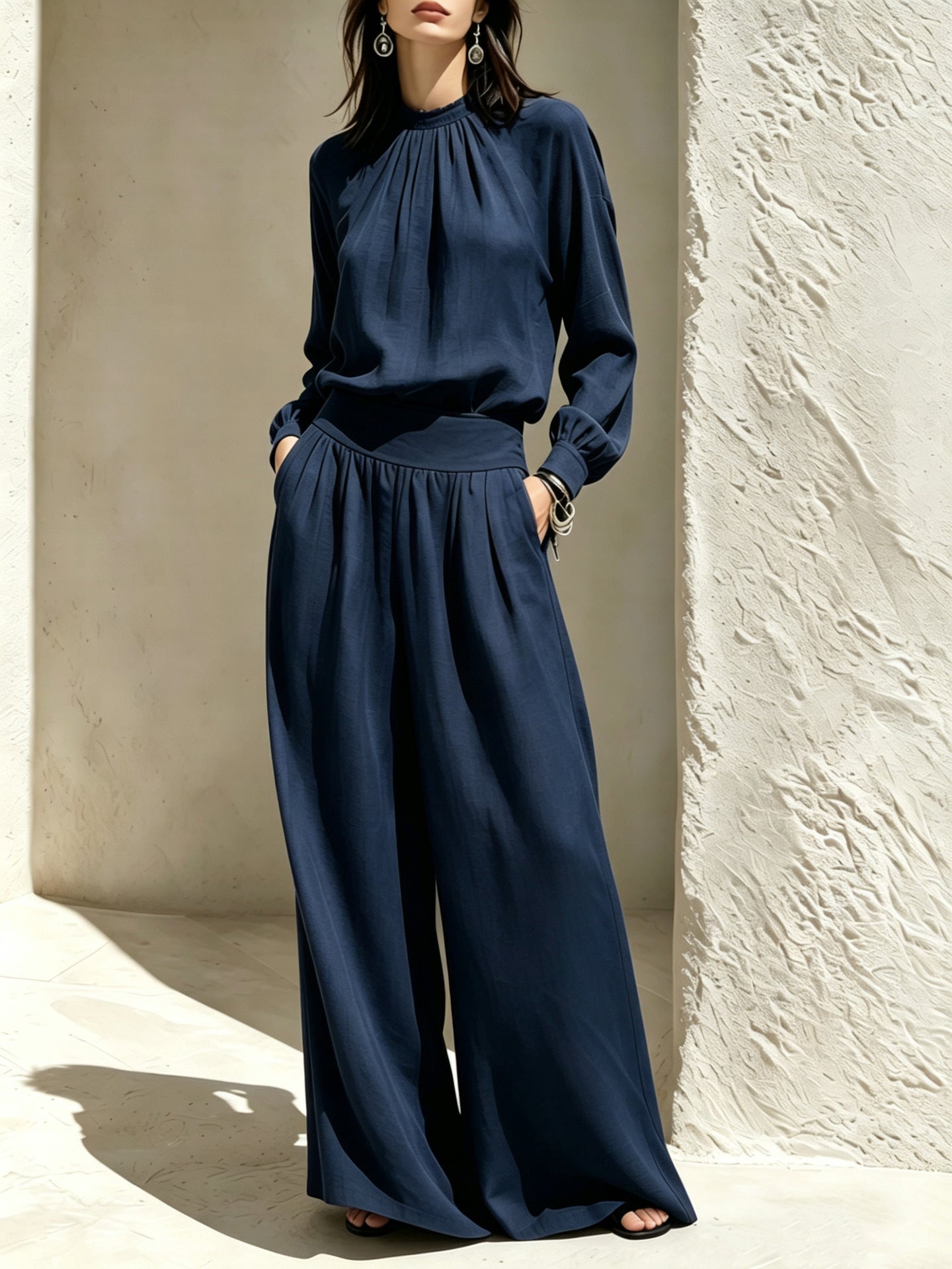 Women's Mock Neck Blouse Wide Leg Pants Matching Set