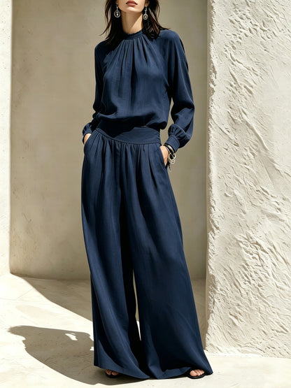 Women's Mock Neck Blouse Wide Leg Pants Matching Set
