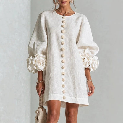 Elegant Floral Applique Balloon Sleeve A-Line Mini Dress