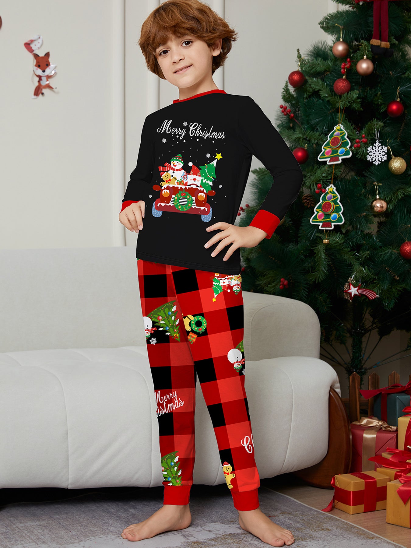 Parent-child Clothing Car Snowman Christmas Tree Print Loungewear Christmas Pajamas