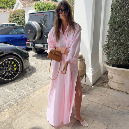 Cotton Maxi Shirt Dress Long Sleeve Collared Slit