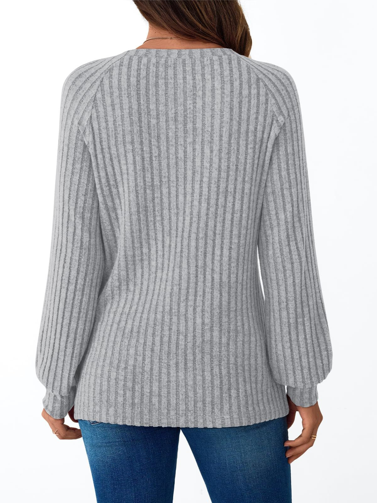 Ribbed Knit Crewneck Sweatshirt with Button Detail