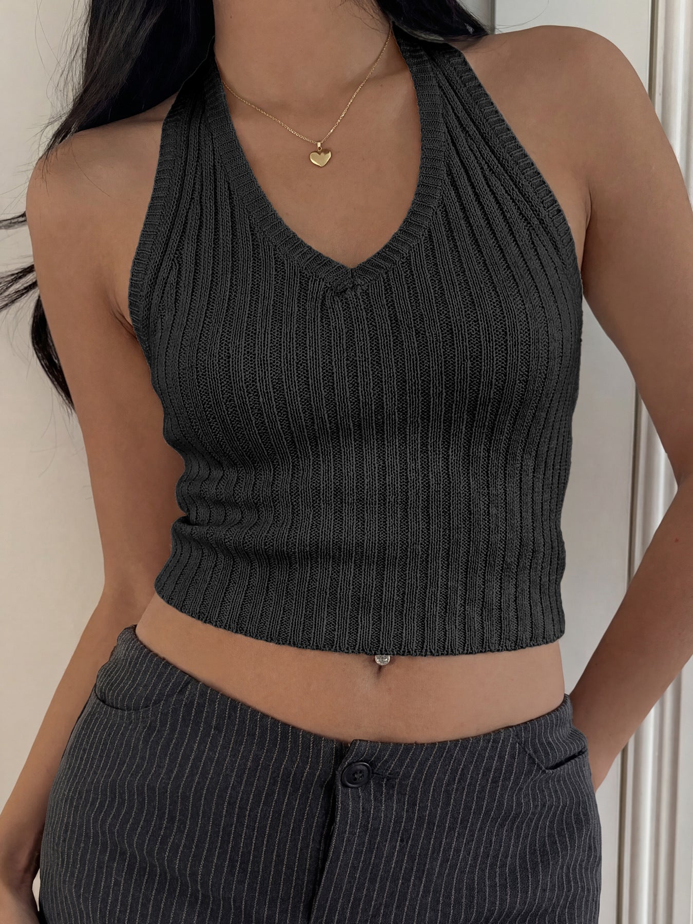 Women's Ribbed Halter Crop Top Backless Sexy Tank