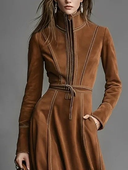 Vintage Faux Suede Long Sleeve Belted Zip Front Maxi Dress