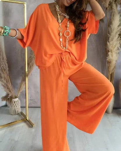 Women's V-Neck Batwing Wide Leg Pants 2-Piece Set
