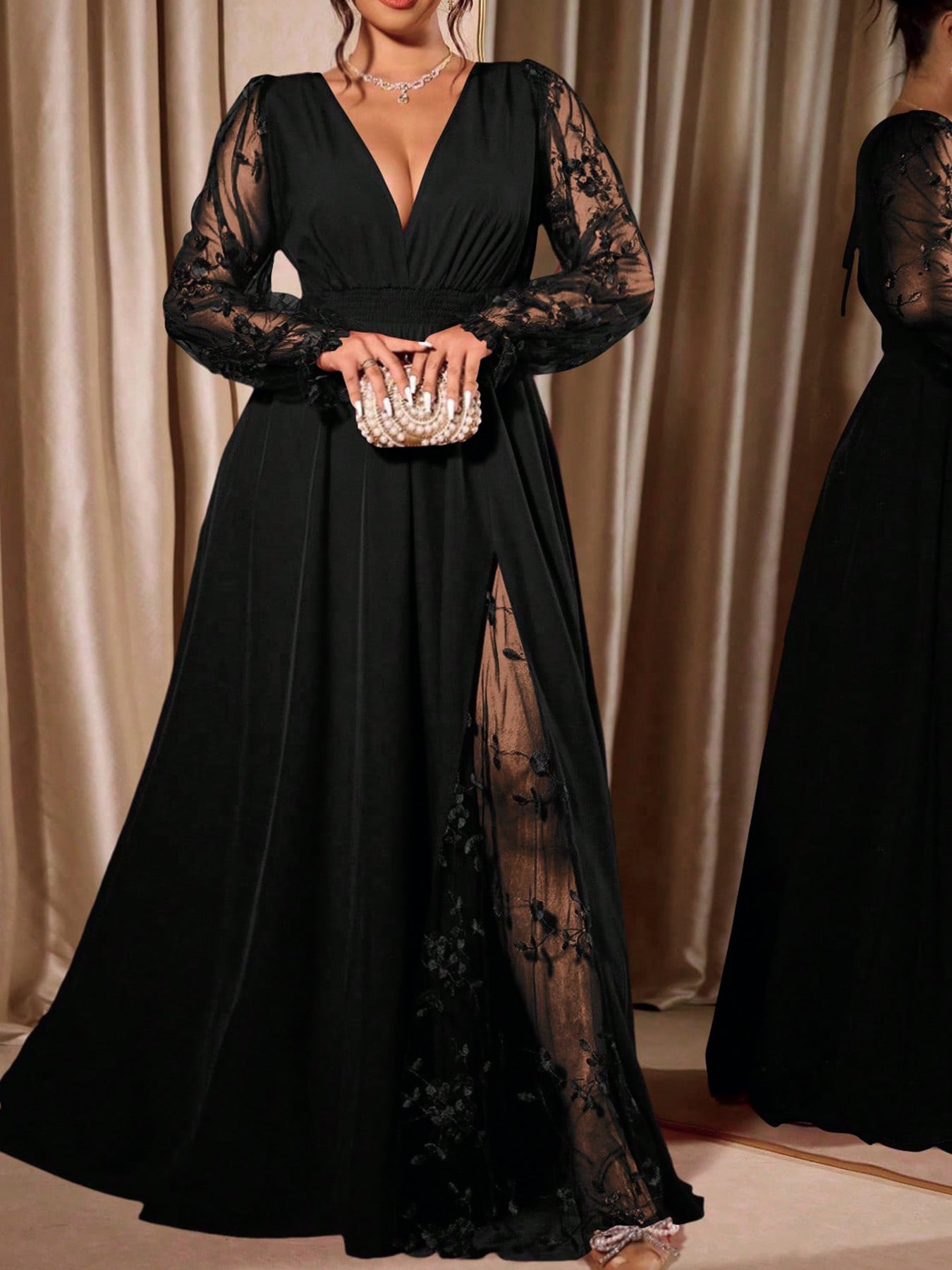 Plus Size Lace V Neck Slit Evening Maxi Dress