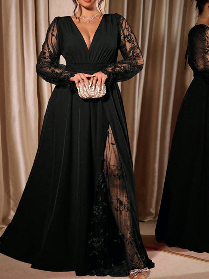 Plus Size Lace V Neck Slit Evening Maxi Dress