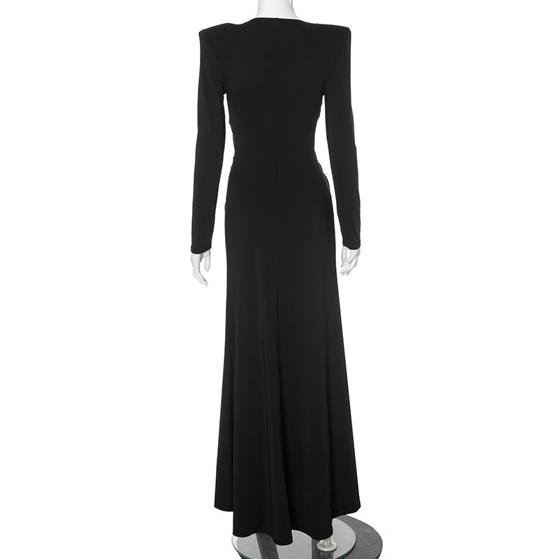Black Sexy Deep V Long Sleeve High Slit Maxi Dress