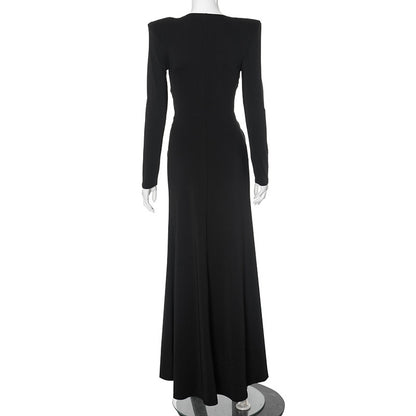 Black Sexy Deep V Long Sleeve High Slit Maxi Dress