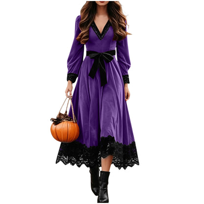 Velvet Maxi Dress V-Neck Lace Trim Puff Sleeve Flowy