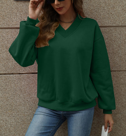 Colorblock V Neck Fleece Sweatshirt Women Casual Pullover Top