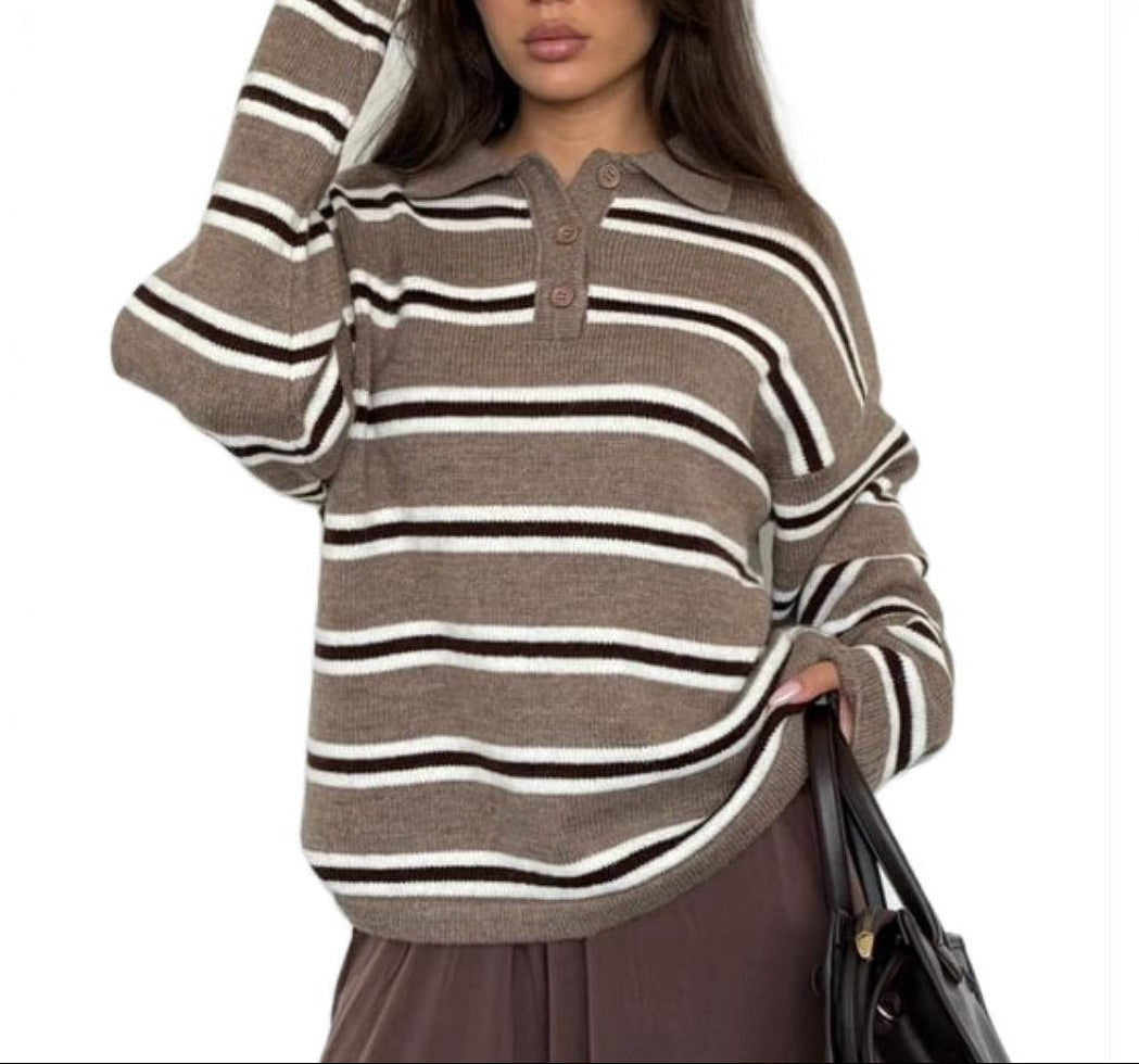 Womens Oversized Striped Polo Sweater Knit Pullover Top