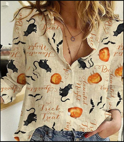 Women's Halloween Pumpkin Cat Button Up Blouse