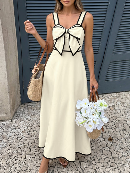 Colorblock Bow Tie French Chic Midi Dress for Women