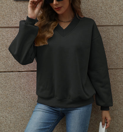 Colorblock V Neck Fleece Sweatshirt Women Casual Pullover Top