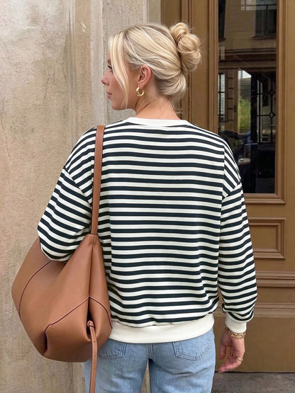 Striped Bow Sweatshirt Crew Neck Oversized Pullover