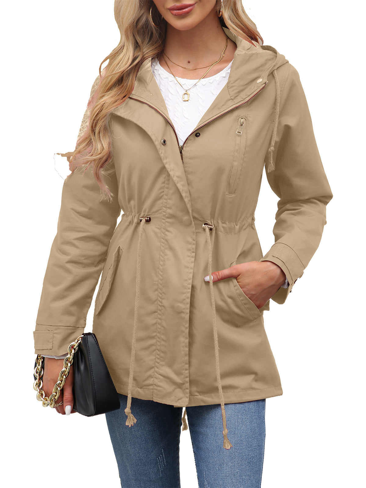 Women's Cotton Hooded Utility Jacket Drawstring Waist