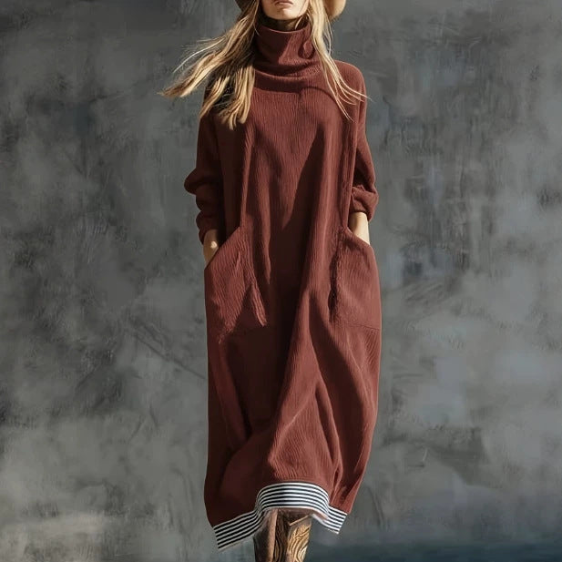 Women's Corduroy Turtleneck Maxi Dress Long Sleeve Pockets