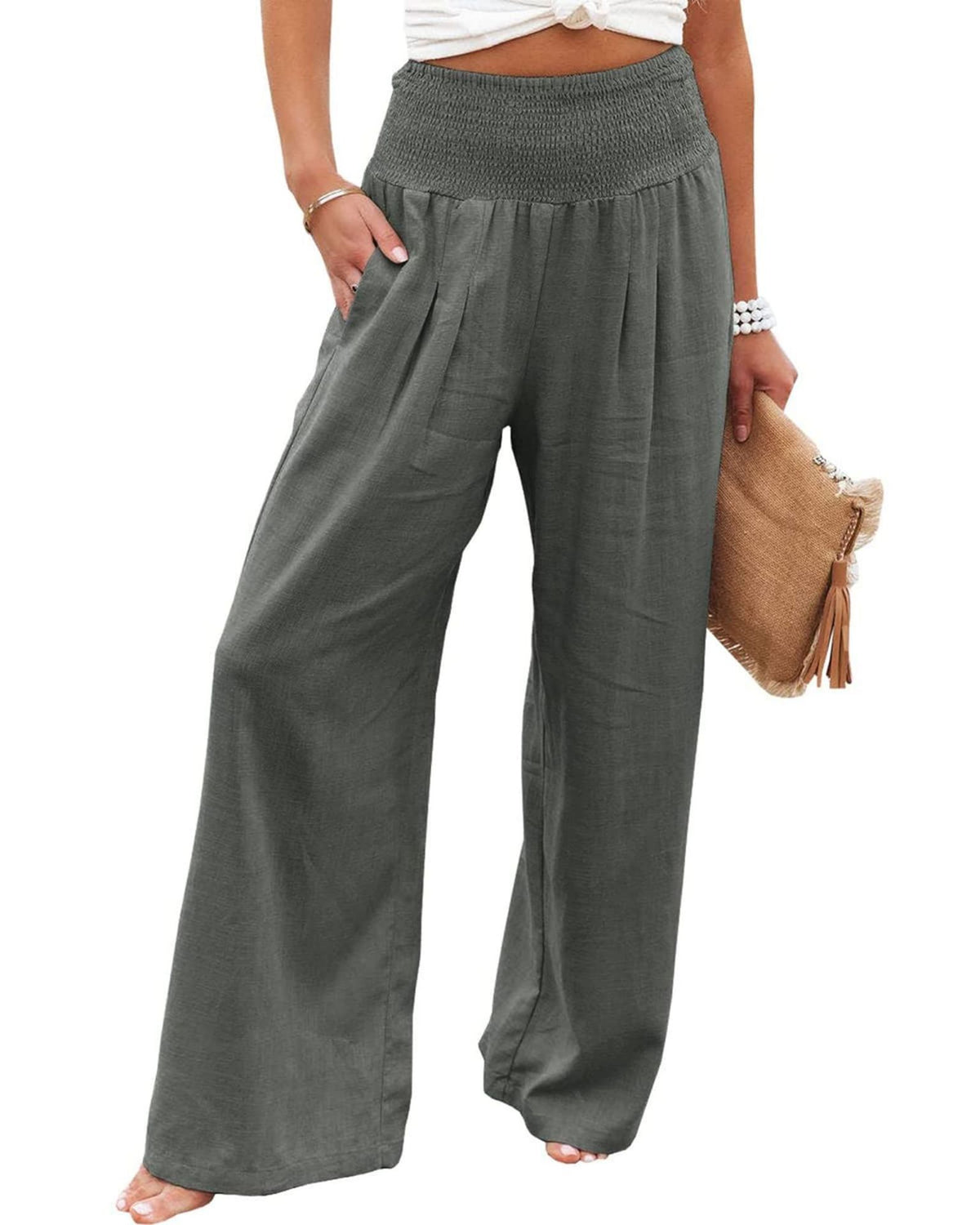 Women's Smocked High Waist Wide Leg Cotton Pants Pockets