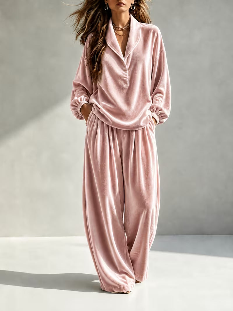 Women's Velvet Collared Lounge Set Wide Leg Pants