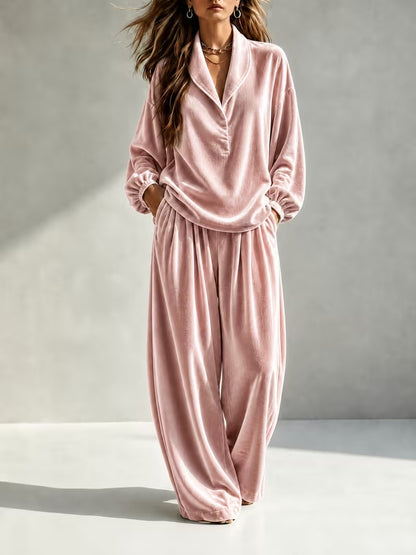 Women's Velvet Collared Lounge Set Wide Leg Pants