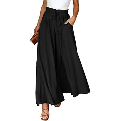 High-Waist Wide-Leg Palazzo Pants – Cotton-Linen Blend with Pockets