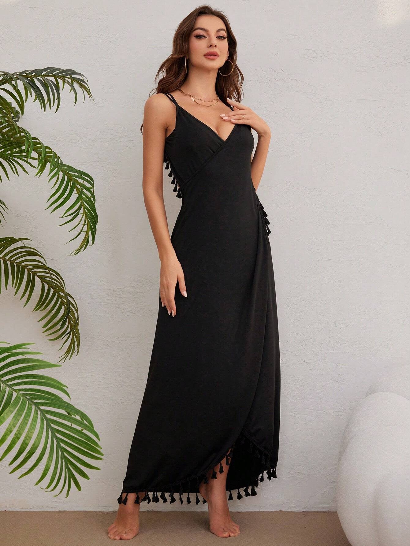 Spaghetti Strap Tassel Trim Side Slit Maxi Dress