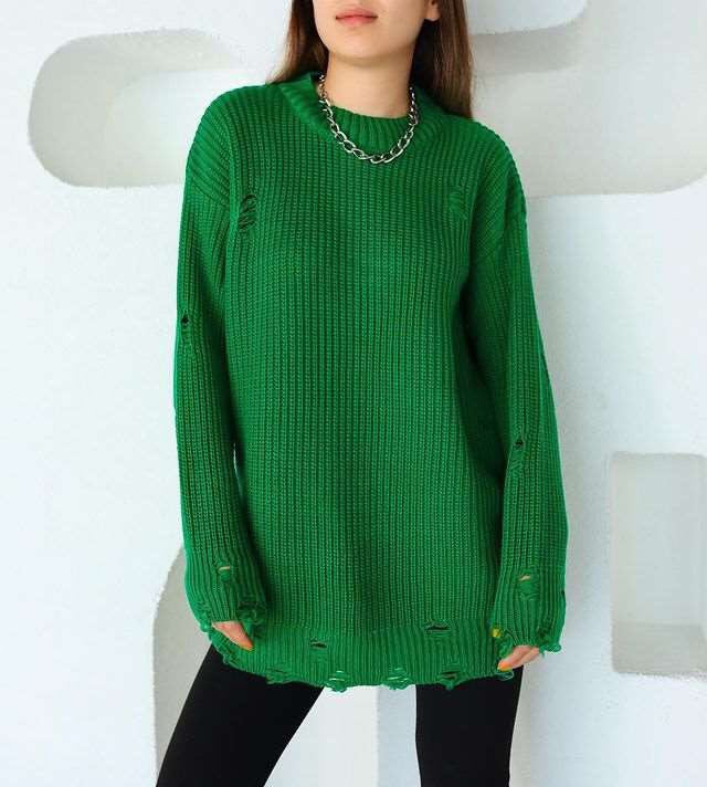 Women's Oversized Distressed Sweater Dress Crew Neck