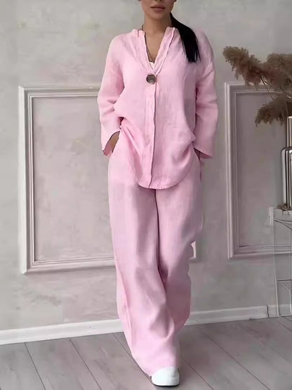 Womens Linen Two Piece Set Button Top Wide Leg Pants