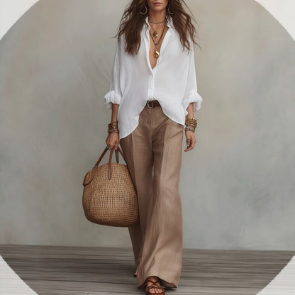 Womens Relaxed Button Down Shirt Wide Leg Pants Set