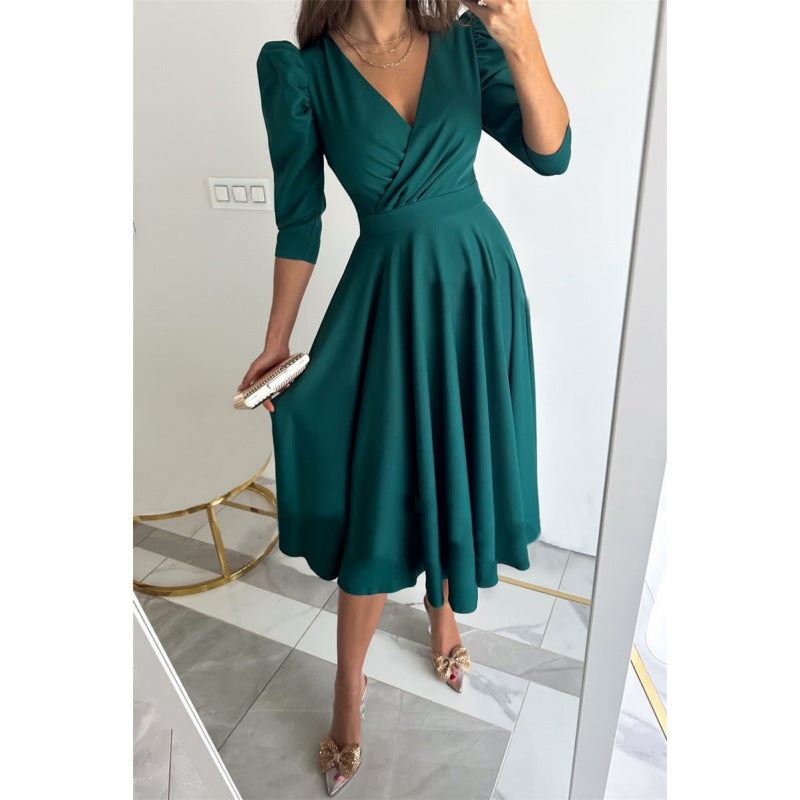 Women's V-Neck Puff Sleeve Ruched A-Line Midi Dress