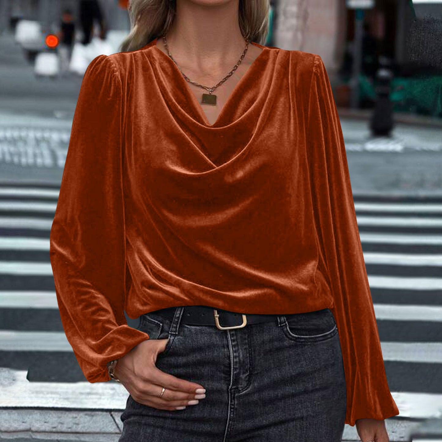 Women's Velvet Cowl Neck Long Sleeve Blouse