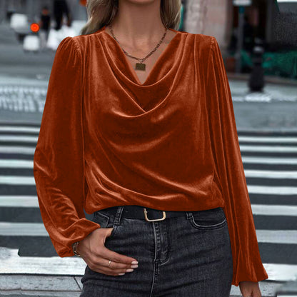 Women's Velvet Cowl Neck Long Sleeve Blouse