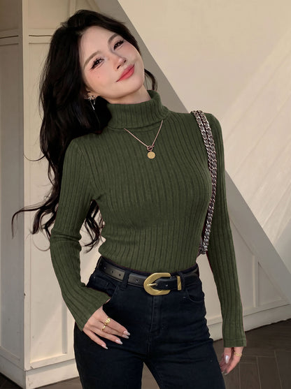 Women's Ribbed Turtleneck Long Sleeve Fitted Top