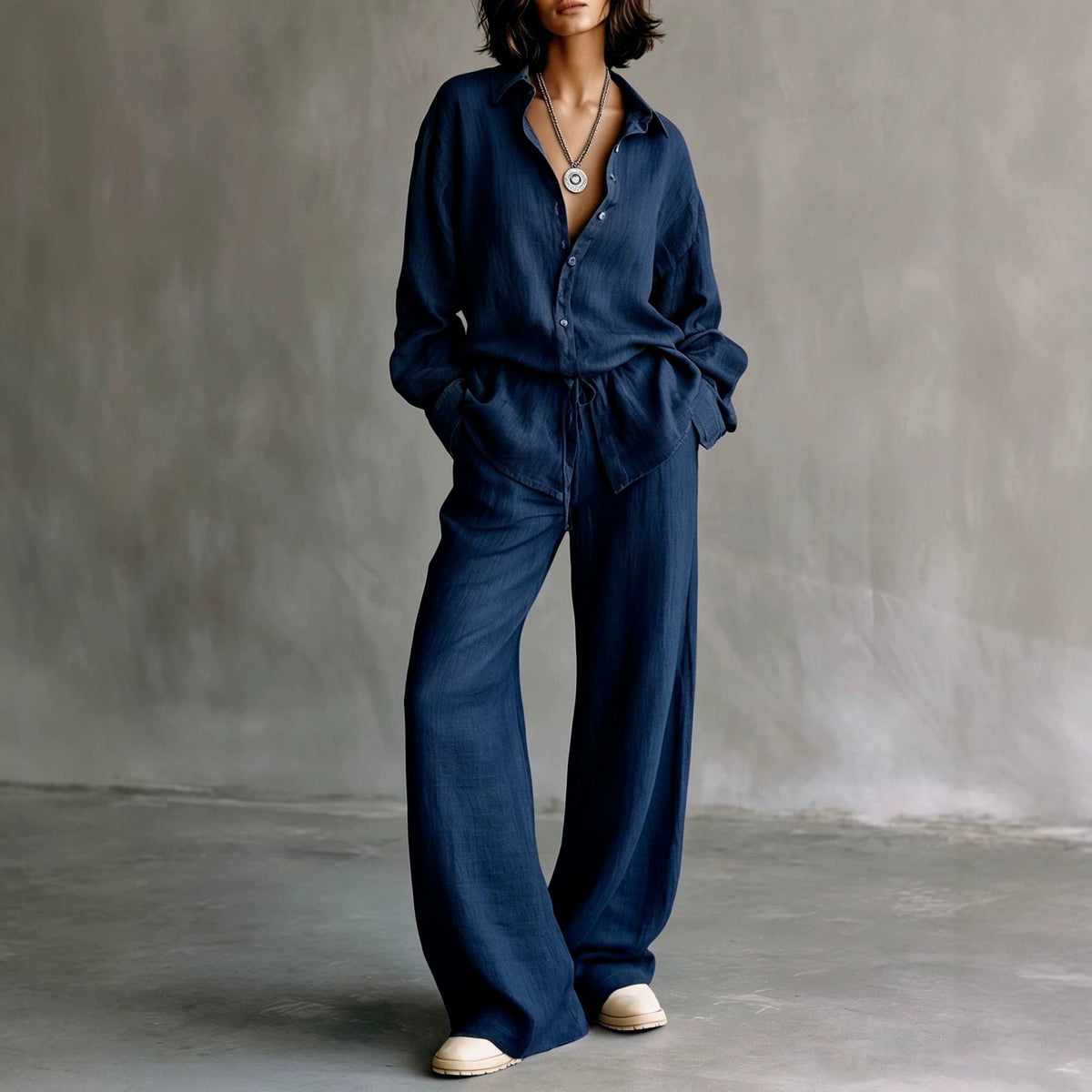 Women's Button Down Shirt Wide Leg Pants Matching Set