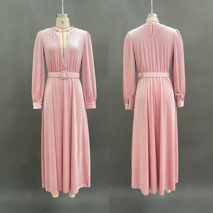 Women's Puff Sleeve V Neck Pleated Belted Maxi Dress