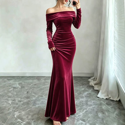 Long Sleeve Velvet Off Shoulder Bodycon Maxi Dress