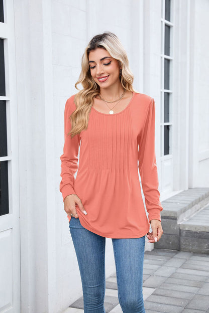 Women's Long Sleeve Pleated Tunic Top Loose Casual Blouse