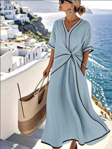 Women's Boho Linen Blend V-Neck Twist Front Maxi Dress