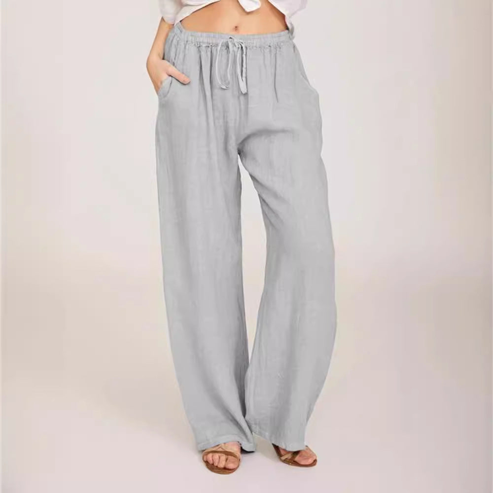 Womens Linen Wide Leg Pants High Waist Drawstring Casual