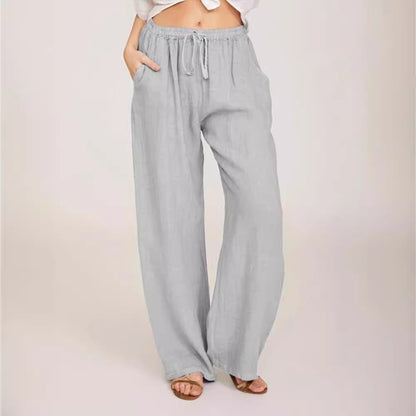 Womens Linen Wide Leg Pants High Waist Drawstring Casual