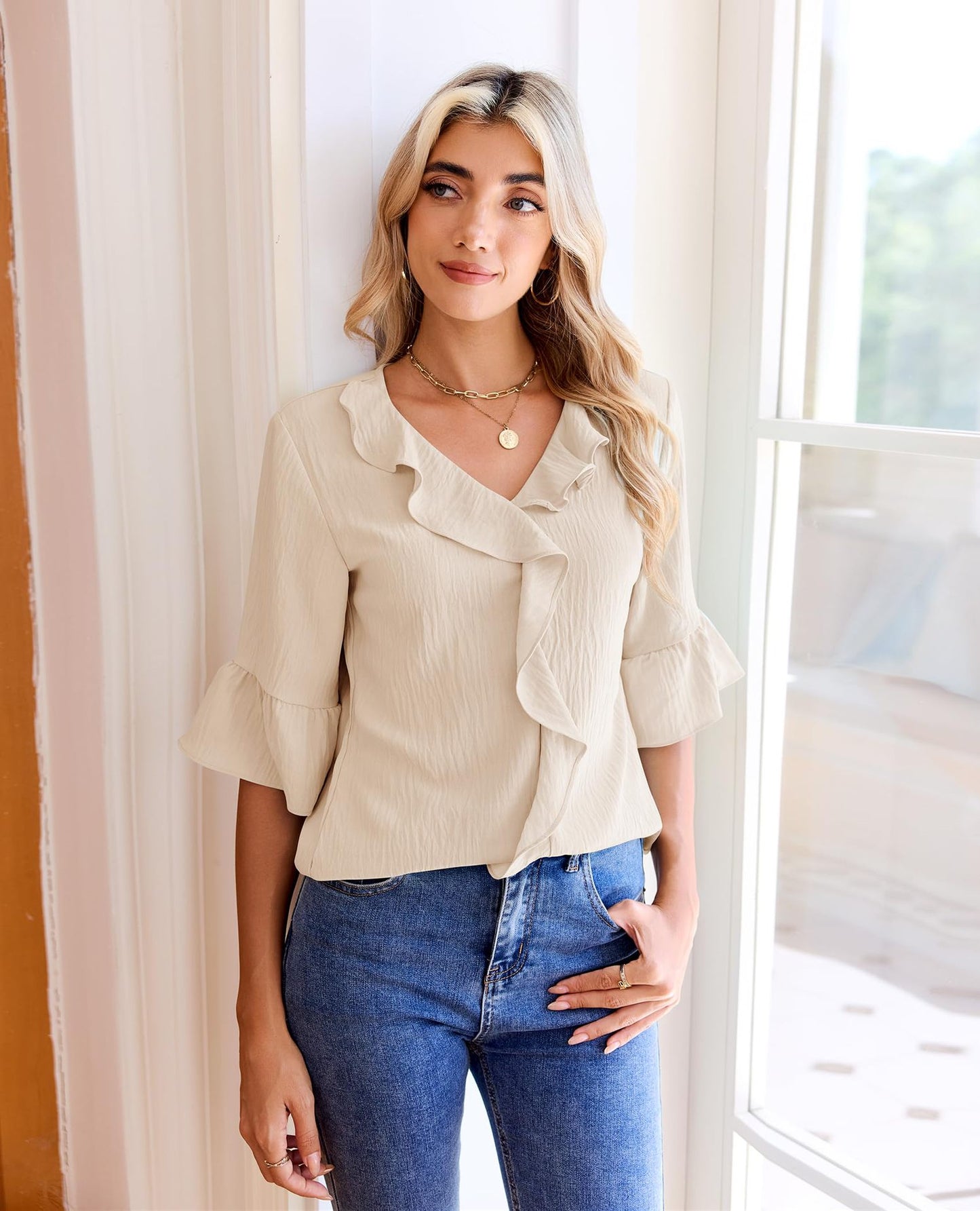 Ruffle V Neck 3/4 Sleeve Textured Blouse Top