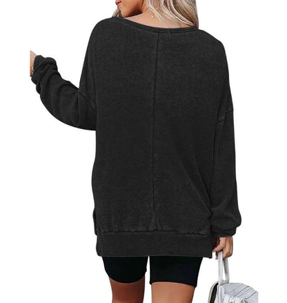 Waffle Split Hem Sweatshirt Women Casual Long Sleeve Top
