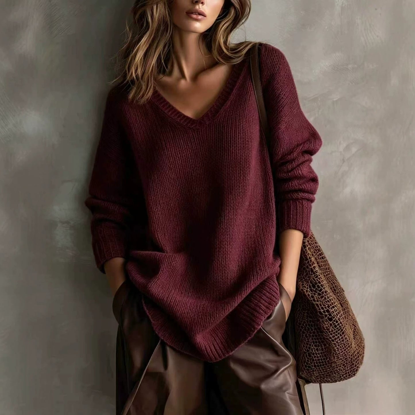 Women's V-Neck Knit Pullover Sweater Long Sleeve Casual
