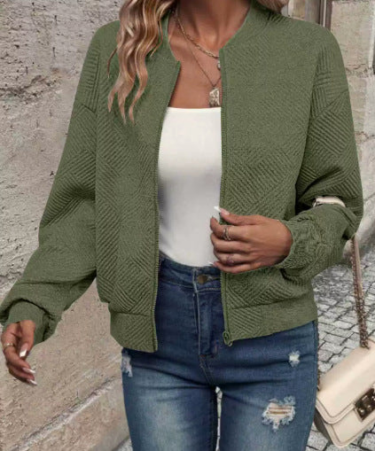Women's Zip Up Knit Jacket Crew Neck Long Sleeve Pocket