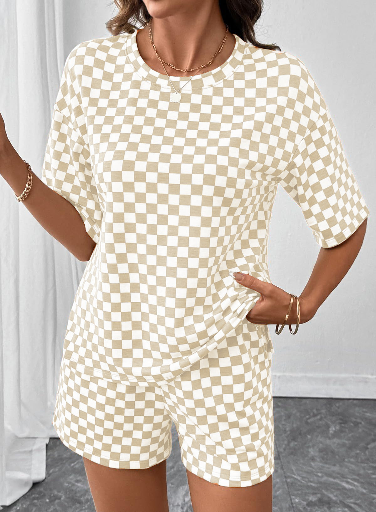 Rose Red Checkerboard Tee and Drawstring Shorts Set